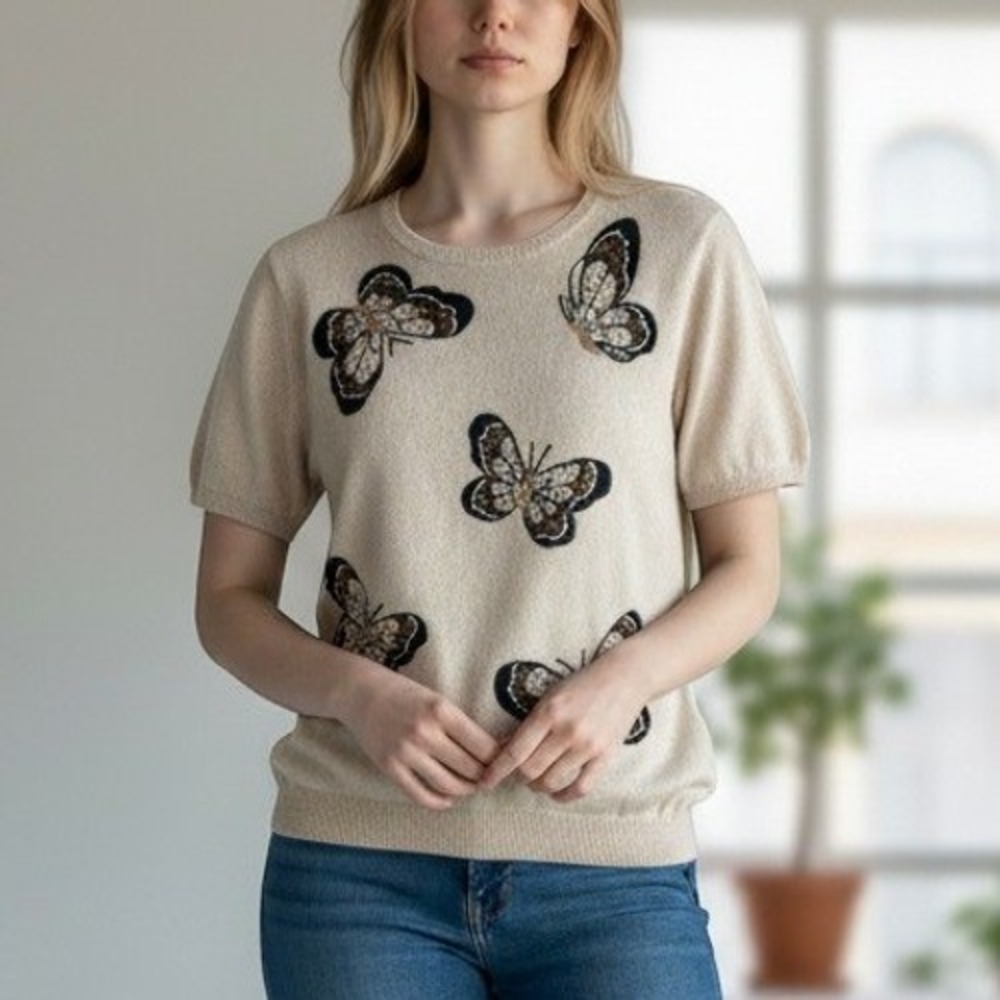 Alfred Dunner Vintage Butterfly Embroidered Short Sleeve Sweater Beige Womens S